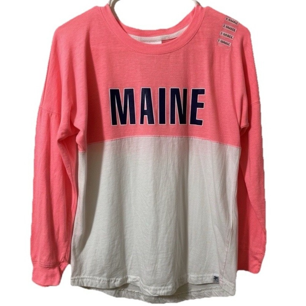 Maine Women's Baseball Style Shirt XS Pink White Beach Pool Athletic Oversized - Picture 1 of 5